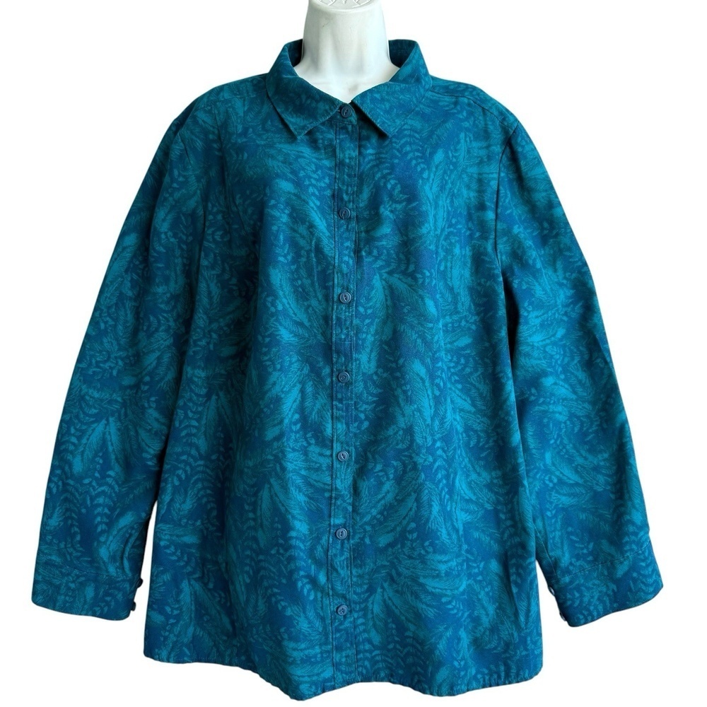 Catherines Teal Floral Faux Suede Tops Shirt Plus Size 2X Long Sleeve Blouse